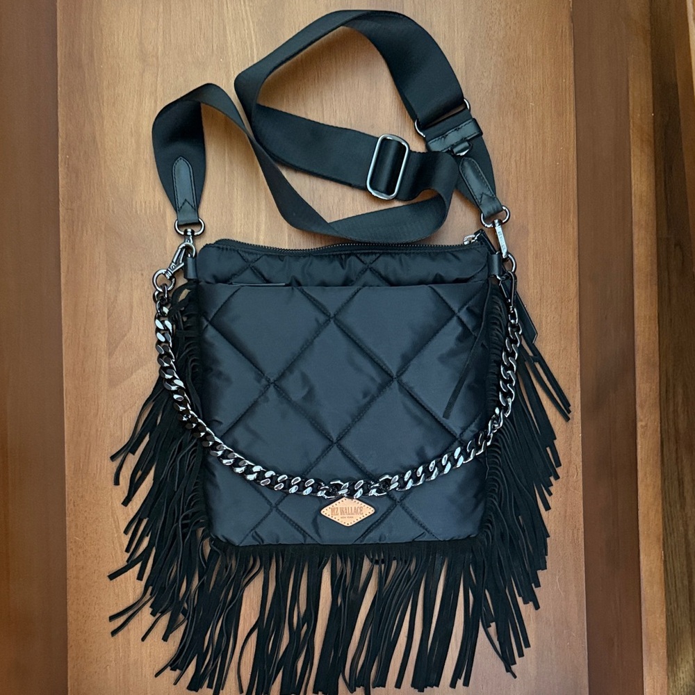 MZ Wallace Black Quilted Crossbody Bag with Fringe